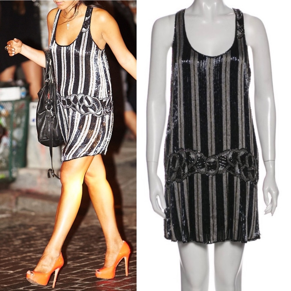 Parker Racerback Beaded Drop Waist Mini Shift Dress, Navy/Silver NWT